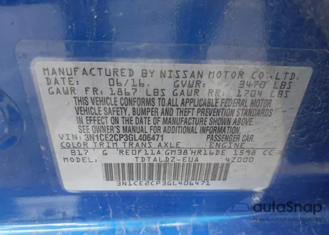 2016 Nissan Versa Note S/S Plus/Sv/Sl/Sr from USA, damaged, VIN 3N1CE2CP3GL406471